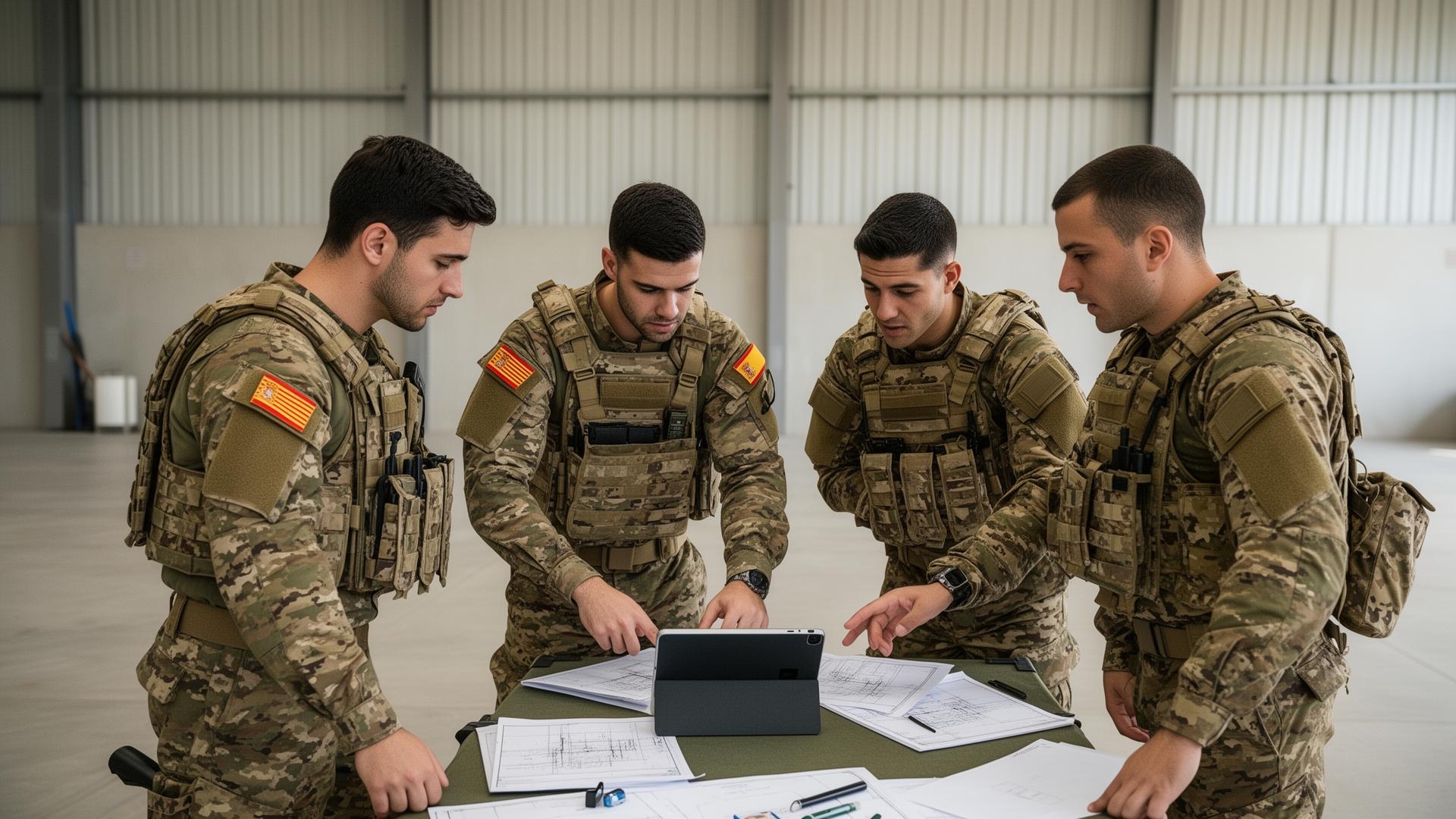 Equipo militar operativo coordinando una misión logística